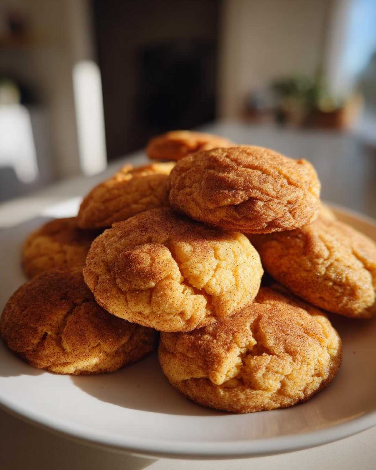 A stack of freshly baked pumpkin snickerdoodle cookies on a white plate, dusted with cinnamon sugar.