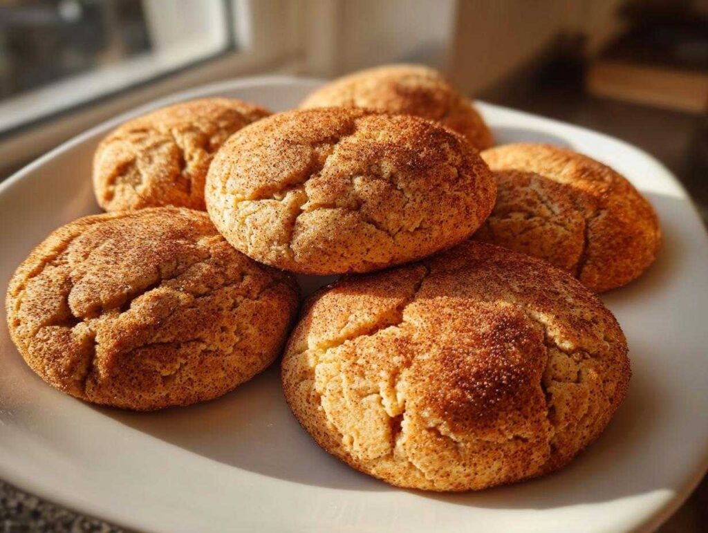 A plate of freshly baked pumpkin snickerdoodle cookies, golden brown and sprinkled with cinnamon sugar.