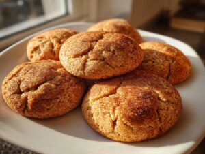 A plate of freshly baked pumpkin snickerdoodle cookies, golden brown and sprinkled with cinnamon sugar.