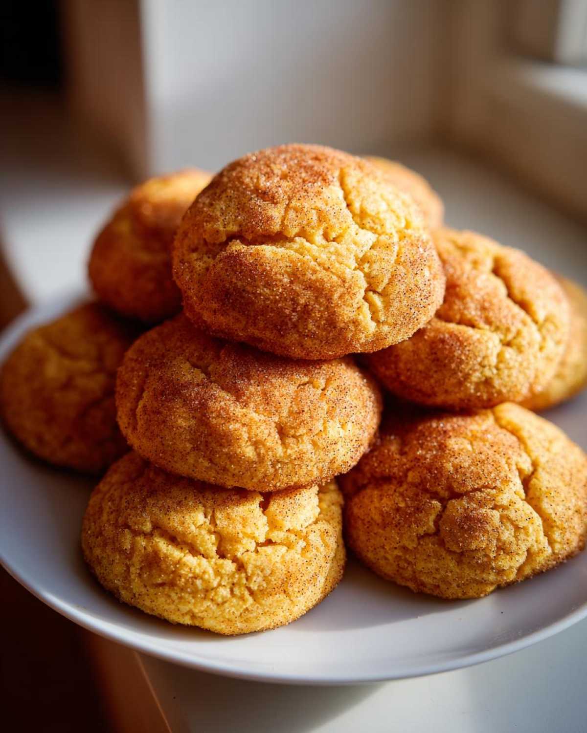 A stack of freshly baked pumpkin snickerdoodle cookies on a white plate, dusted with cinnamon sugar.