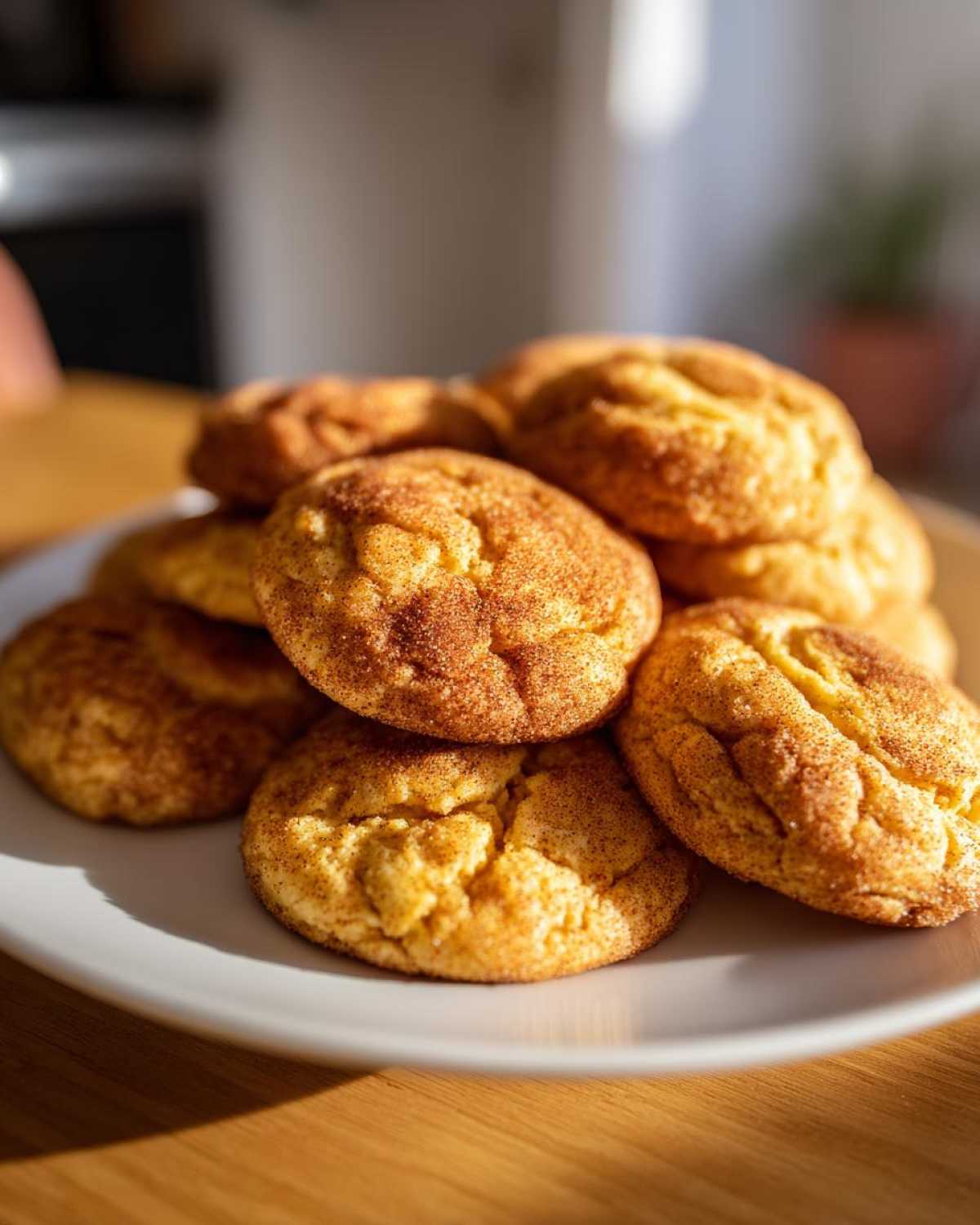 A stack of freshly baked pumpkin snickerdoodle cookies on a white plate, dusted with cinnamon sugar.