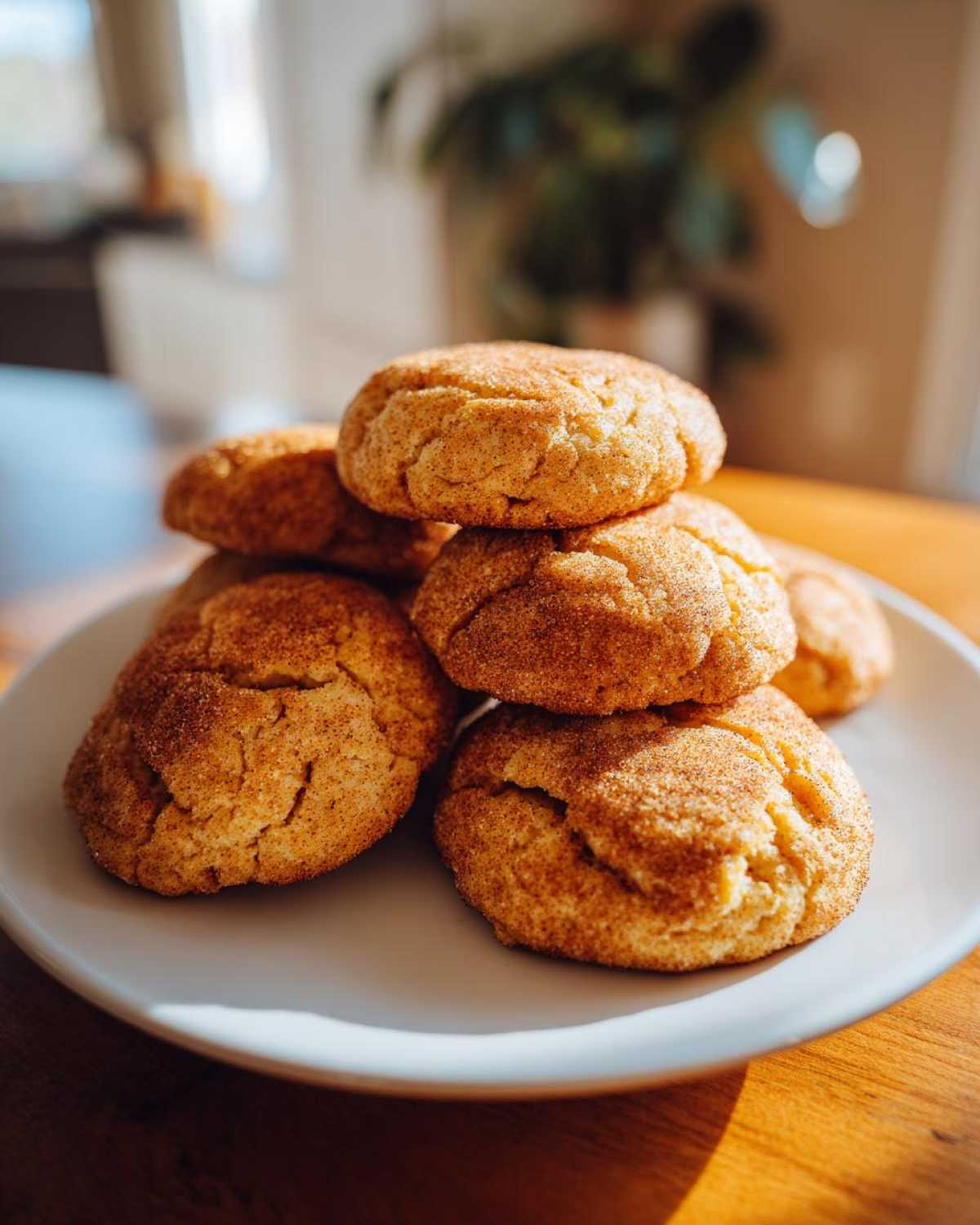 A stack of freshly baked pumpkin snickerdoodle cookies on a white plate, ready to eat.