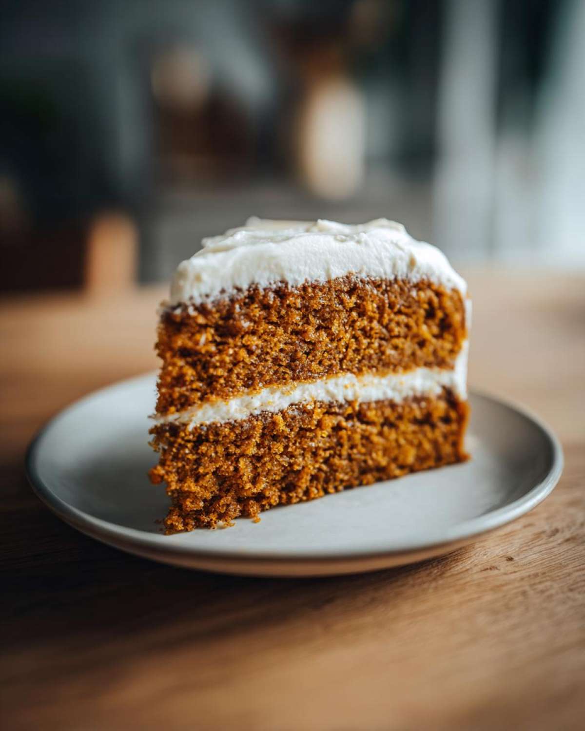 A slice of pumpkin spice cake with white frosting on a plate, showcasing the moist texture.