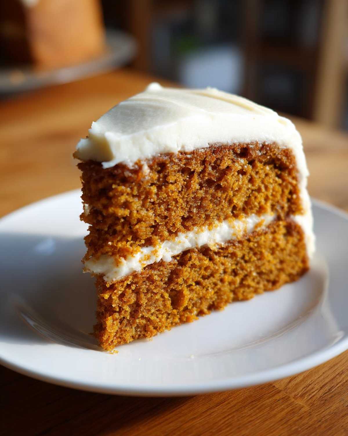 A moist slice of pumpkin spice cake with white frosting on a white plate, showcasing its texture and layers.