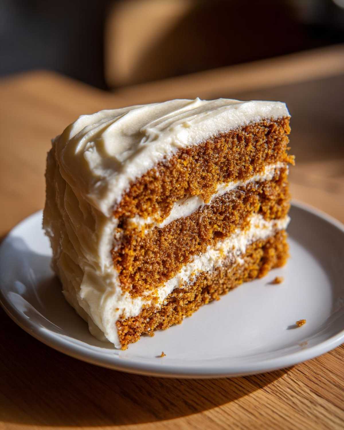 A slice of moist pumpkin spice cake with creamy frosting layers, sitting on a white plate.