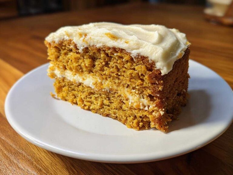 A slice of moist pumpkin spice cake with cream cheese frosting on a white plate, ready to eat.