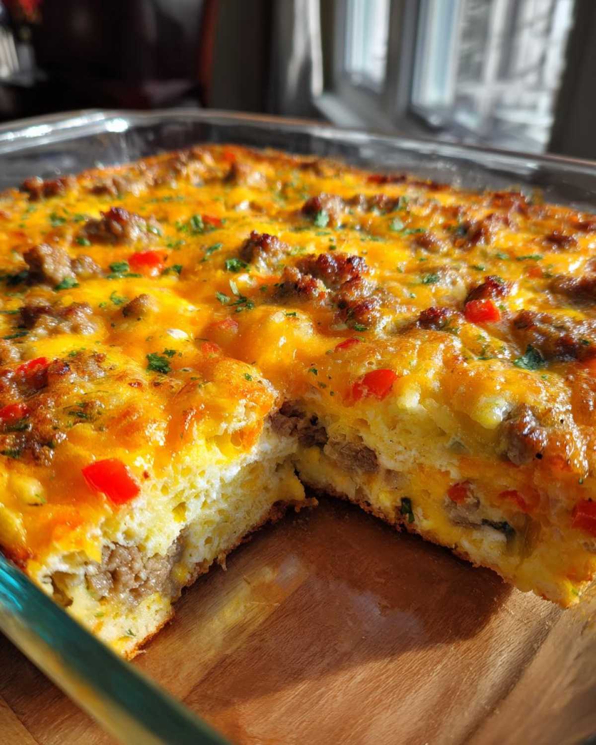 A delicious breakfast casserole with sausage, cheese, and red peppers in a glass baking dish.