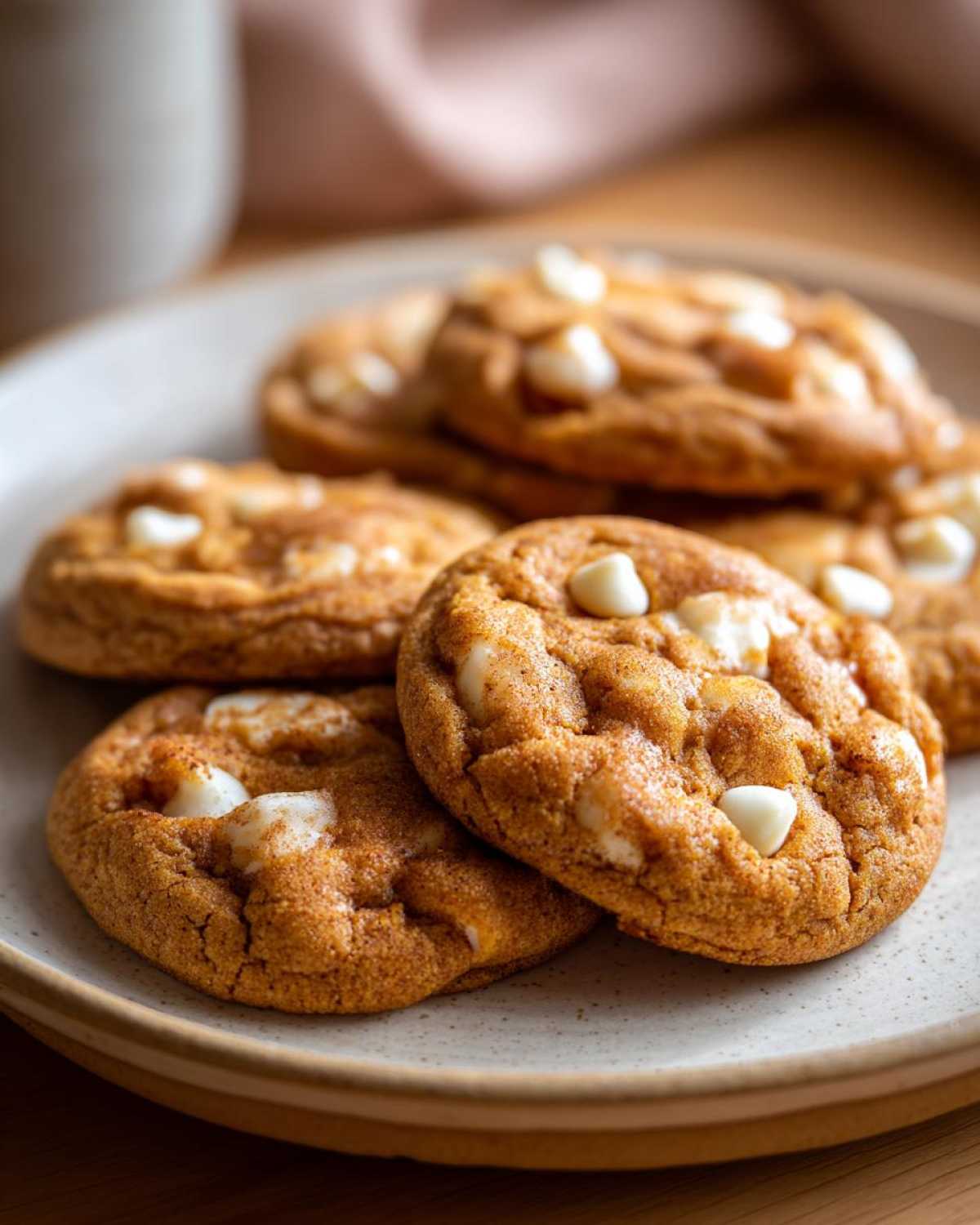 Plate of soft pumpkin cookies with white chocolate chips. Perfect for a fall treat!