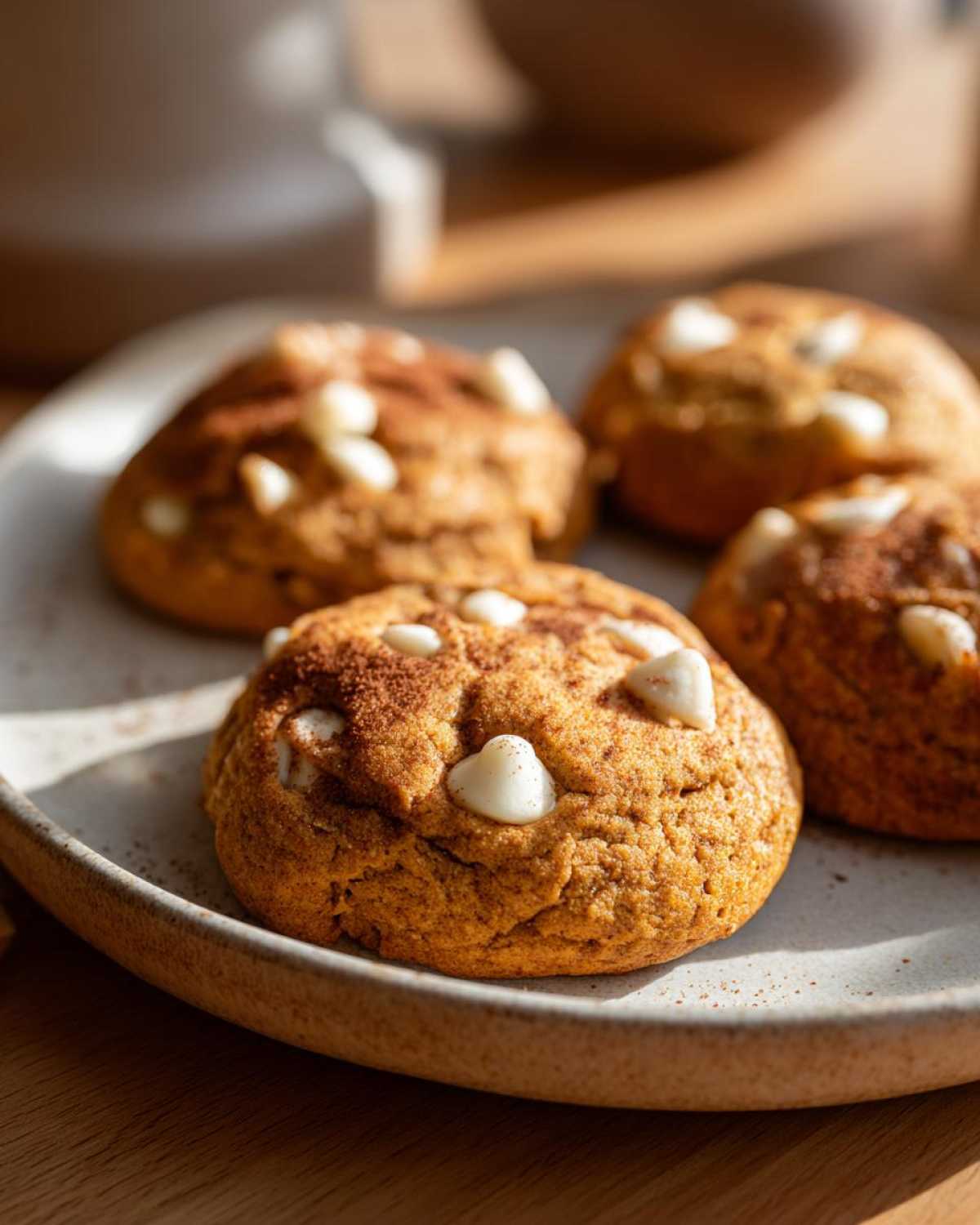 Close-up of soft pumpkin cookies on a plate, topped with white chocolate chips and a dusting of cinnamon.