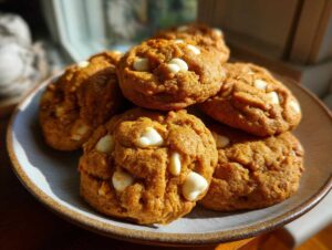 A plate of soft pumpkin cookies with white chocolate chips, perfect for fall baking.