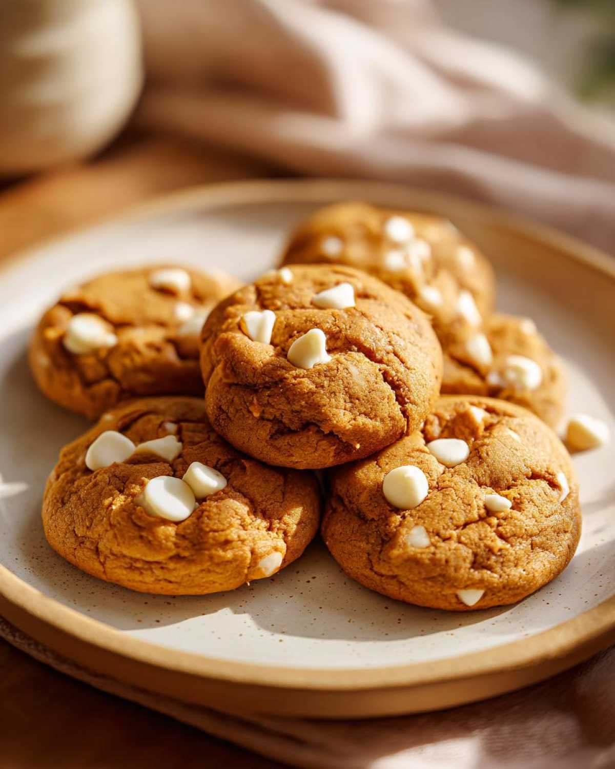 Pile of soft pumpkin cookies topped with white chocolate chips on a speckled plate.