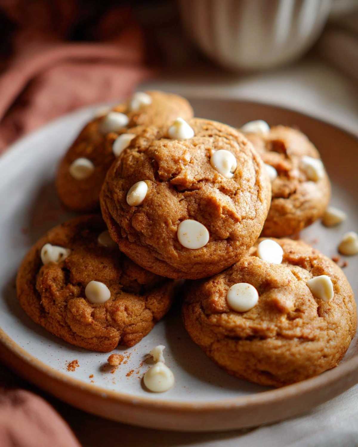 A stack of soft pumpkin cookies on a plate, topped with white chocolate chips.