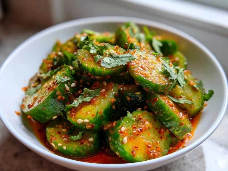 A close-up of a bowl filled with vibrant green spicy cucumber salad, garnished with fresh cilantro and sesame seeds.