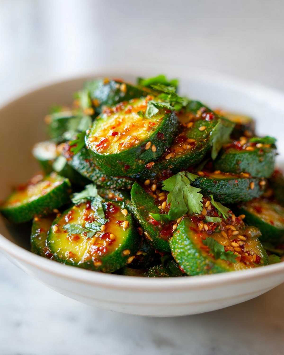 A close-up shot of a bowl filled with spicy cucumber salad, garnished with cilantro and sesame seeds.