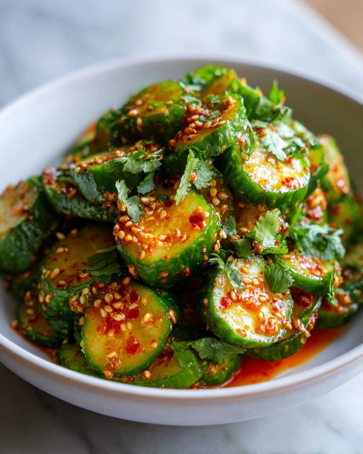 A close-up shot of a bowl filled with vibrant green slices of spicy cucumber salad, garnished with sesame seeds and fresh cilantro.