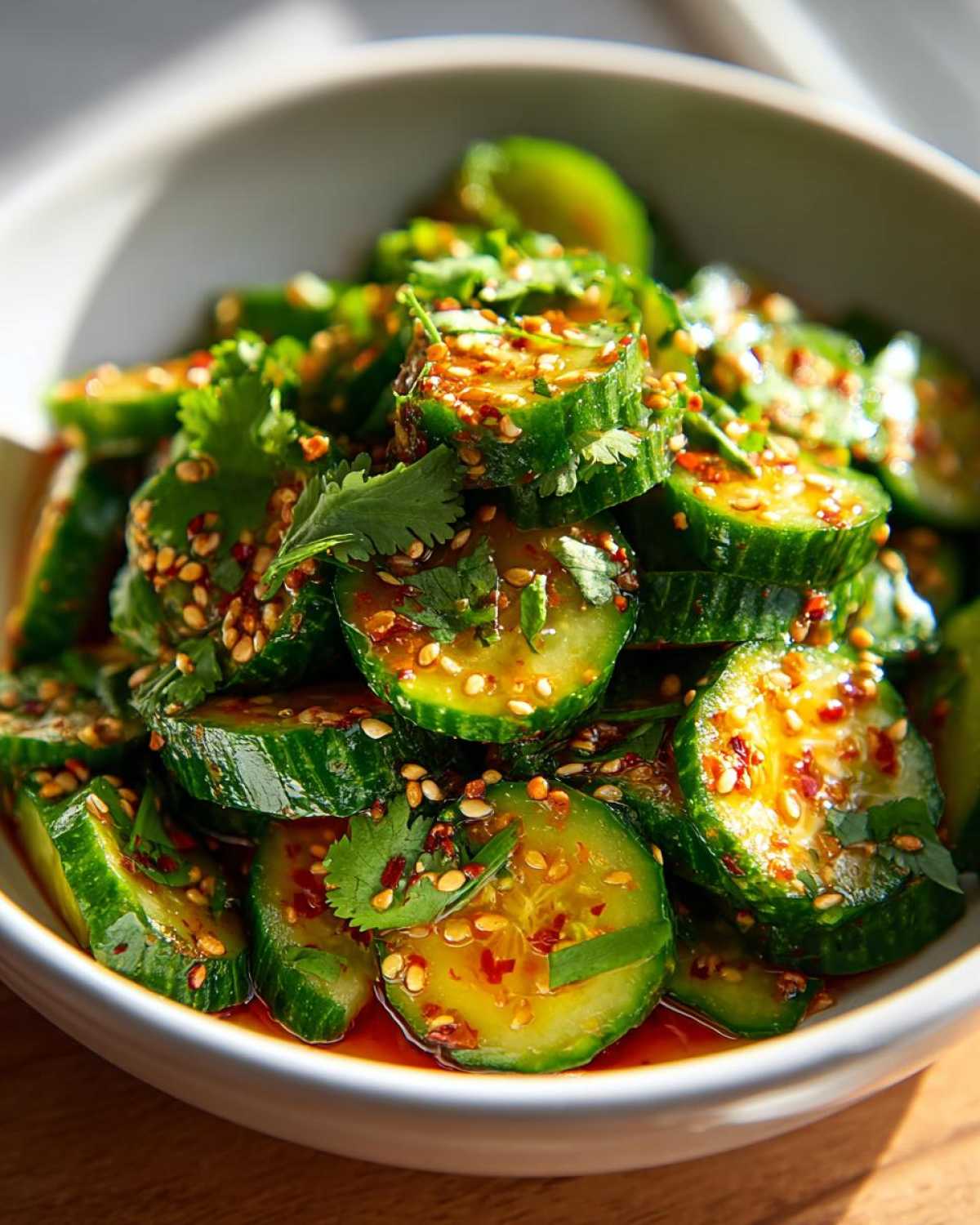 Close-up of a bowl of spicy cucumber salad, showing sliced cucumbers, red chili flakes, sesame seeds, and fresh cilantro.
