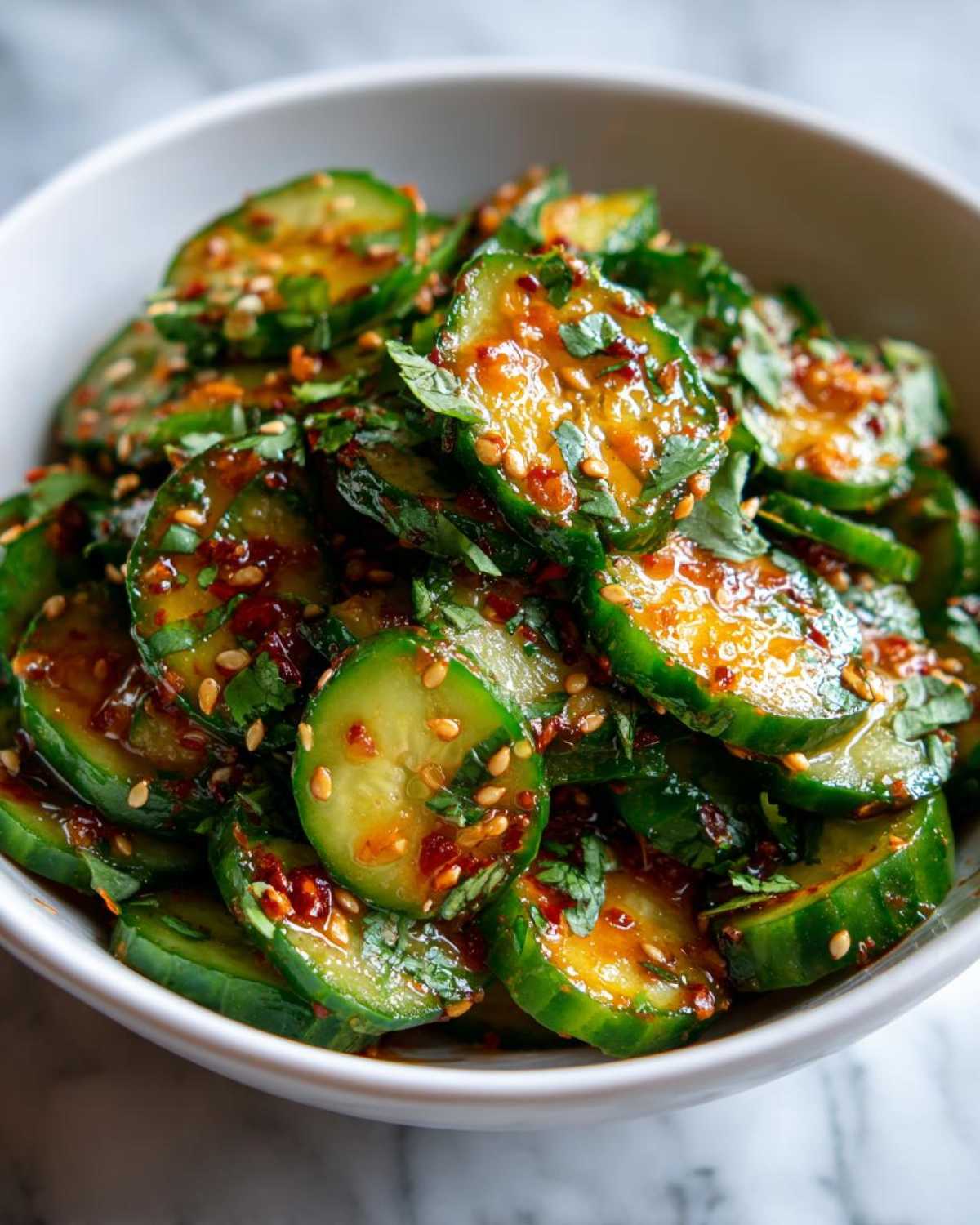 Close-up of a bowl filled with spicy cucumber salad, showing sliced cucumbers coated in a red chili sauce, garnished with sesame seeds and fresh herbs.