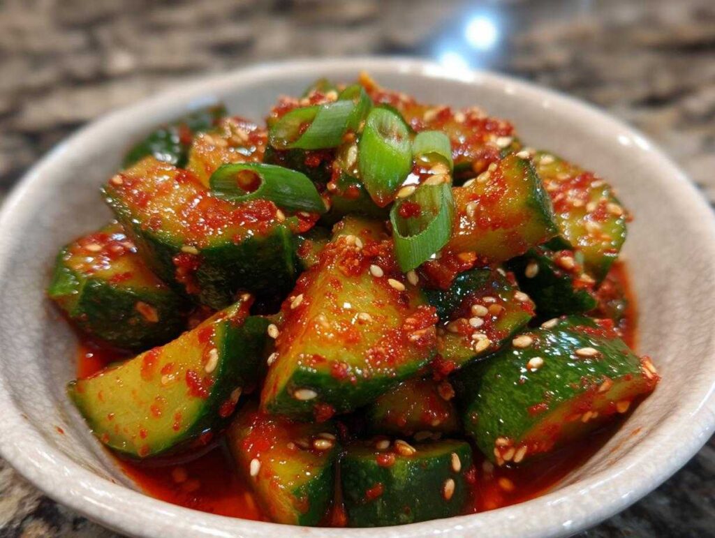 Close-up of a bowl of spicy korean cucumber salad, garnished with green onions and sesame seeds.