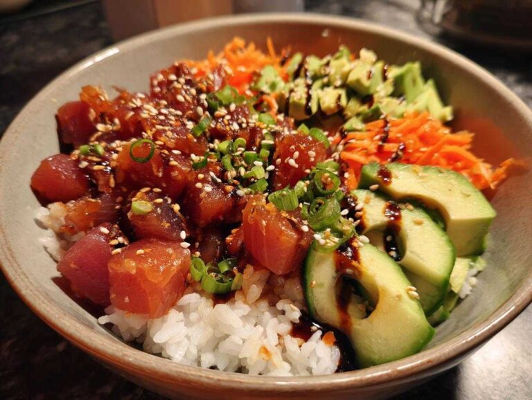 A colorful tuna rice bowl featuring diced tuna, white rice, avocado slices, shredded carrots, green onions, and sesame seeds.