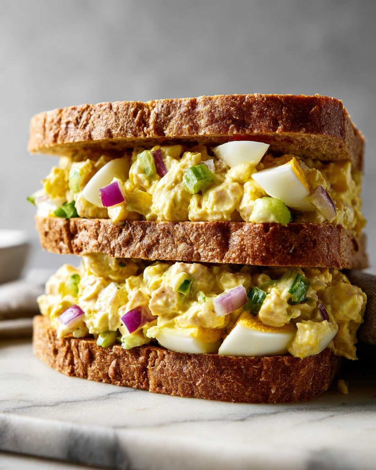 Close-up of a stacked tuna egg salad sandwich on whole wheat bread, showing chunks of egg, red onion, and celery.