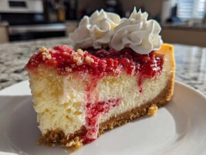 A close-up of a delicious slice of strawberry shortcake cheesecake with a graham cracker crust, strawberry topping, and whipped cream.