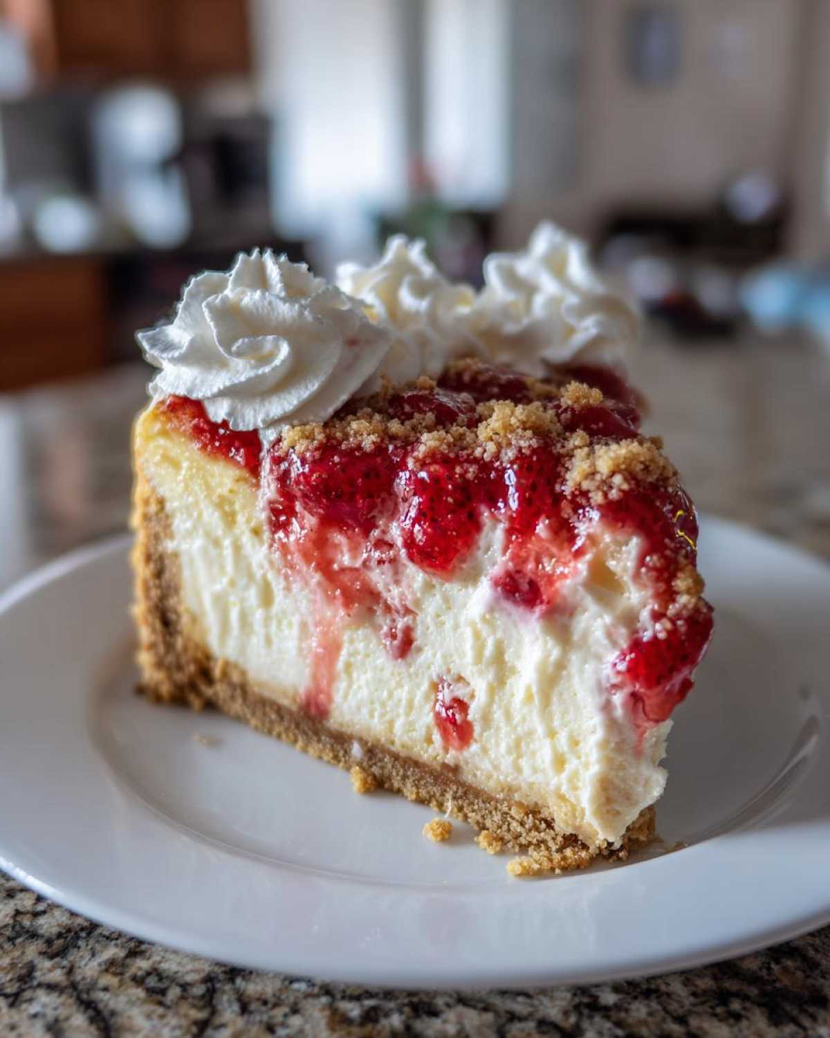 A close-up of a delicious slice of strawberry shortcake cheesecake on a white plate, topped with strawberry compote, crumbs, and whipped cream.