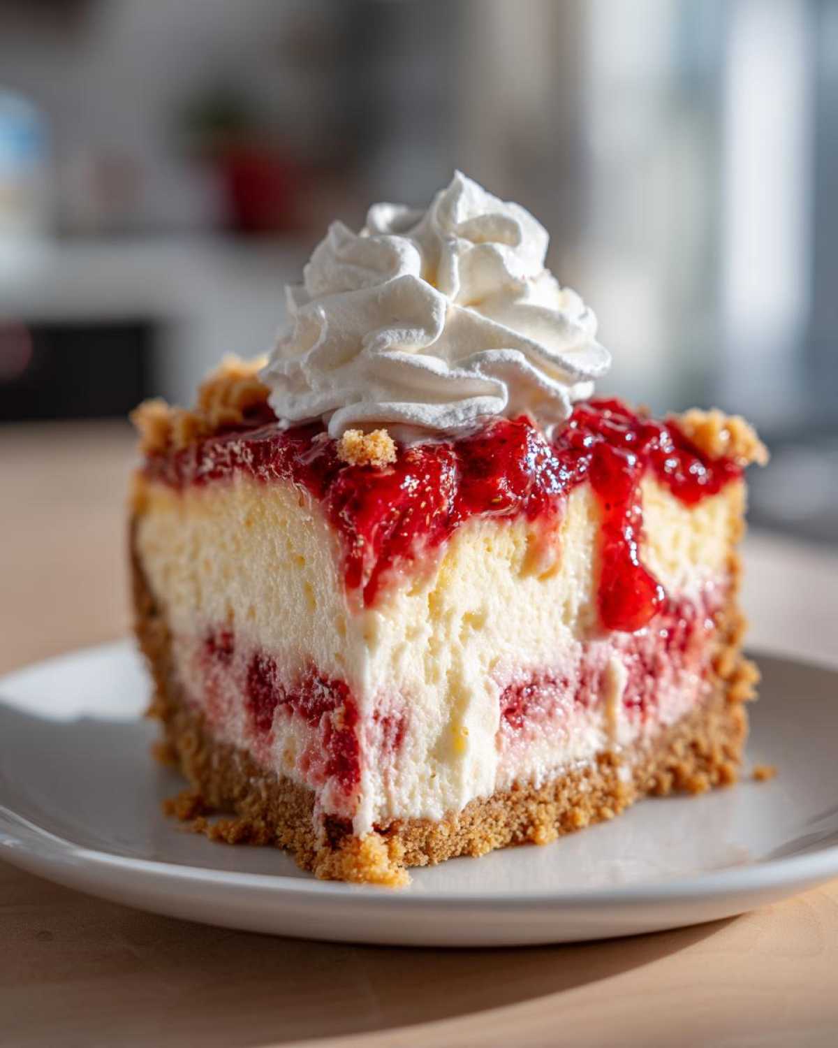 A close-up of a slice of strawberry shortcake cheesecake with whipped cream and strawberry topping.