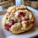 A close-up view of a single strawberry shortcake cookie on a white plate, showing red strawberry pieces and sparkling sugar.