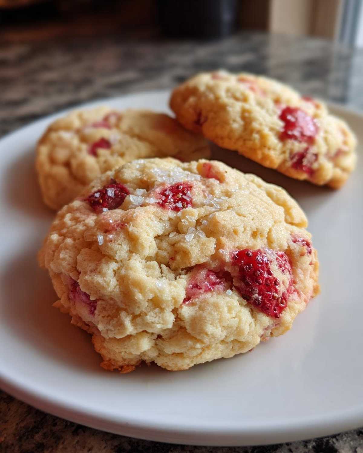 Three golden-brown strawberry shortcake cookies with visible red strawberry pieces and a sprinkle of sugar on a white plate.