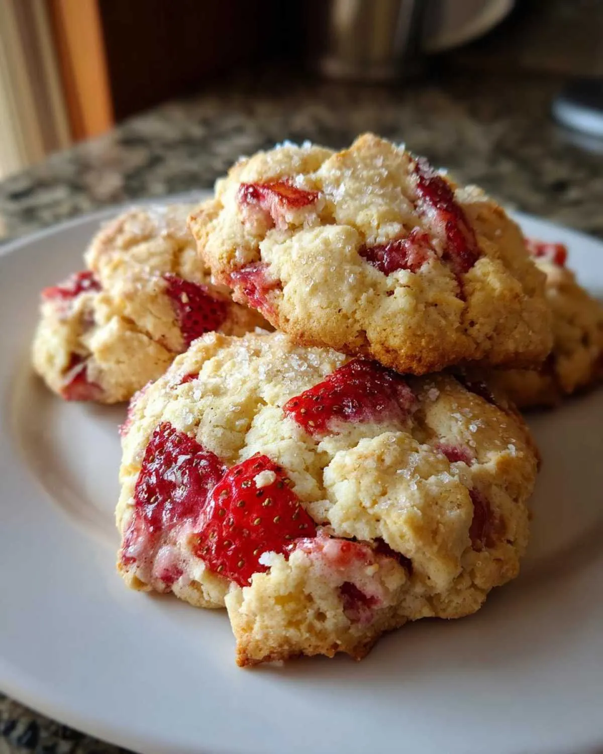 A close-up view of several golden-brown strawberry shortcake cookies on a white plate, showing visible strawberry pieces and sugar crystals.