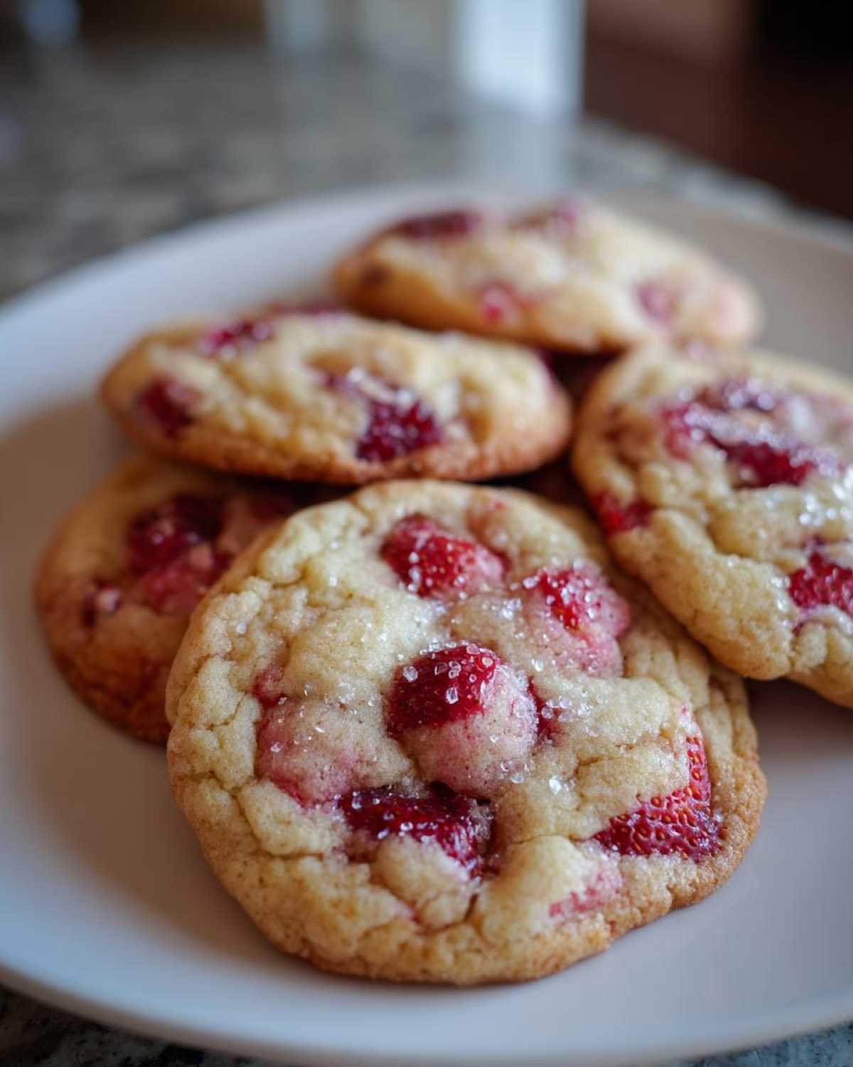A close-up view of several freshly baked strawberry shortcake cookies on a white plate, sprinkled with sugar.