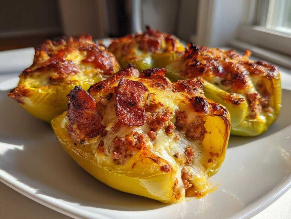 Four stuffed banana peppers on a white plate, filled with meat, cheese, and topped with bacon. Delicious stuffed banana peppers recipe.