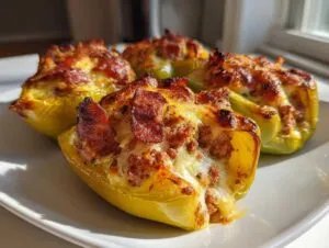Four stuffed banana peppers on a white plate, filled with meat, cheese, and topped with bacon. Delicious stuffed banana peppers recipe.