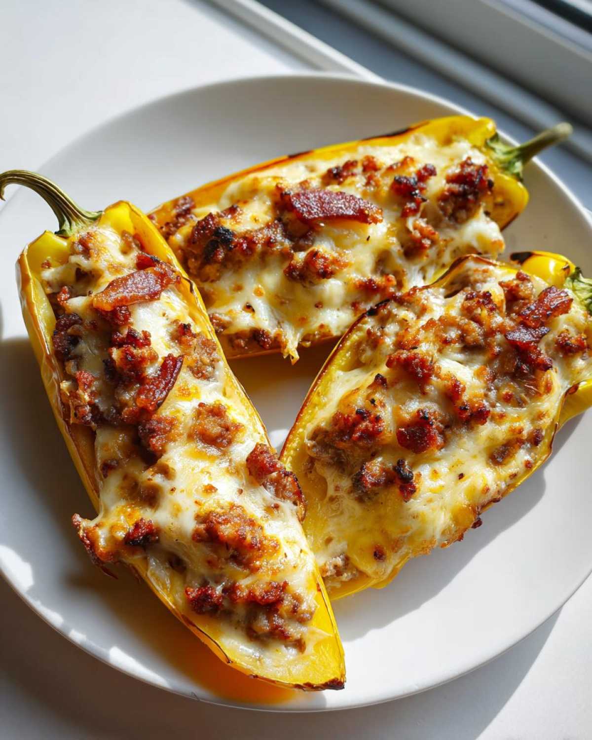 Three yellow stuffed banana peppers filled with meat and cheese on a white plate, ready to eat.