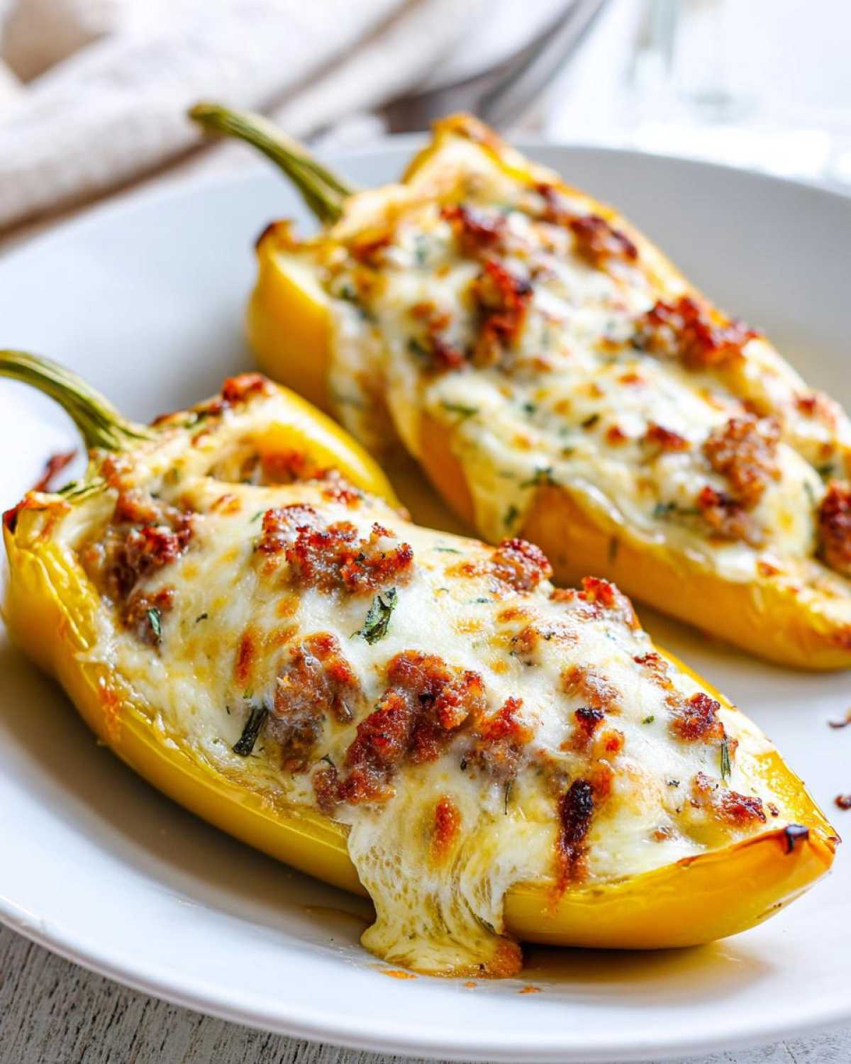 Two stuffed banana peppers filled with meat and topped with melted cheese, served on a white plate.