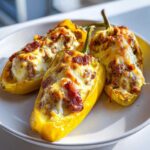Three stuffed banana peppers on a plate, filled with meat, cheese, and topped with bacon.