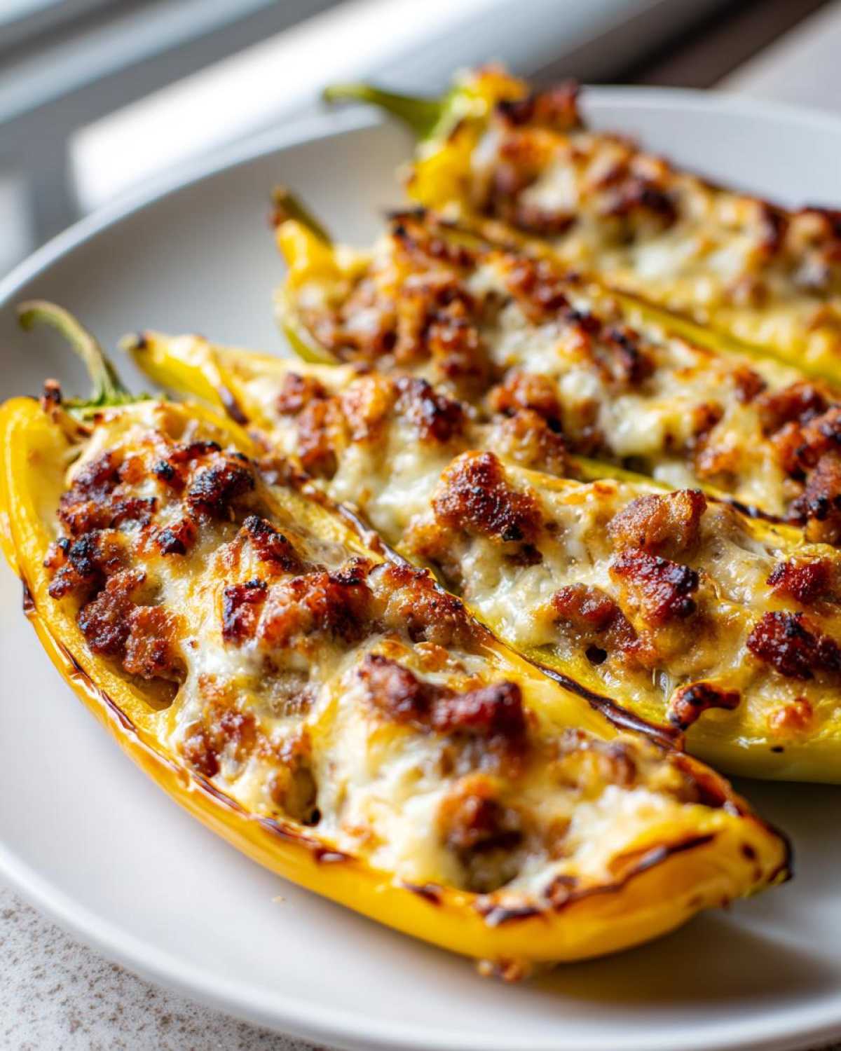 Close-up of stuffed banana peppers filled with meat and cheese on a white plate, ready to serve.