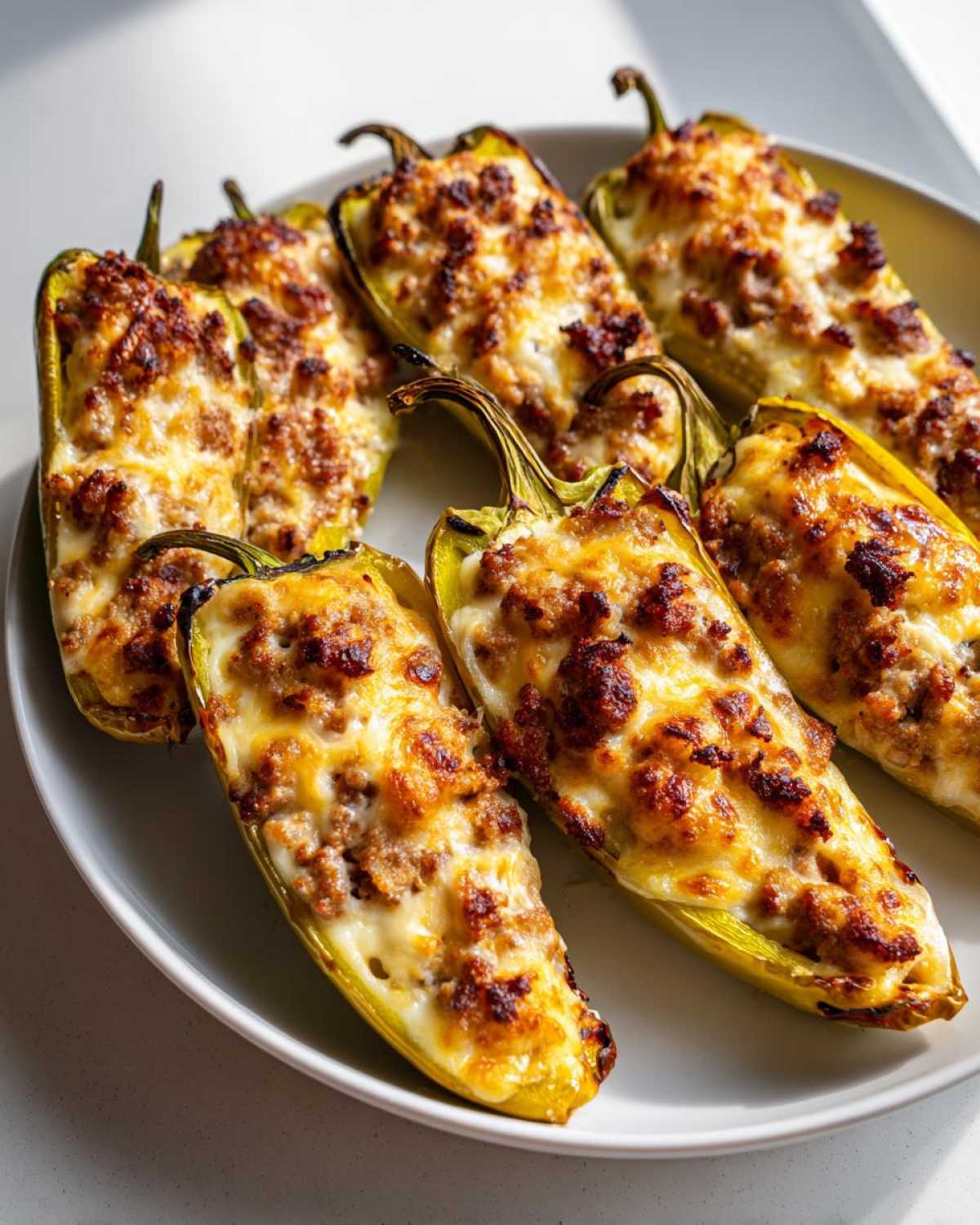 A plate of freshly baked stuffed banana peppers, filled with savory meat and melted cheese.
