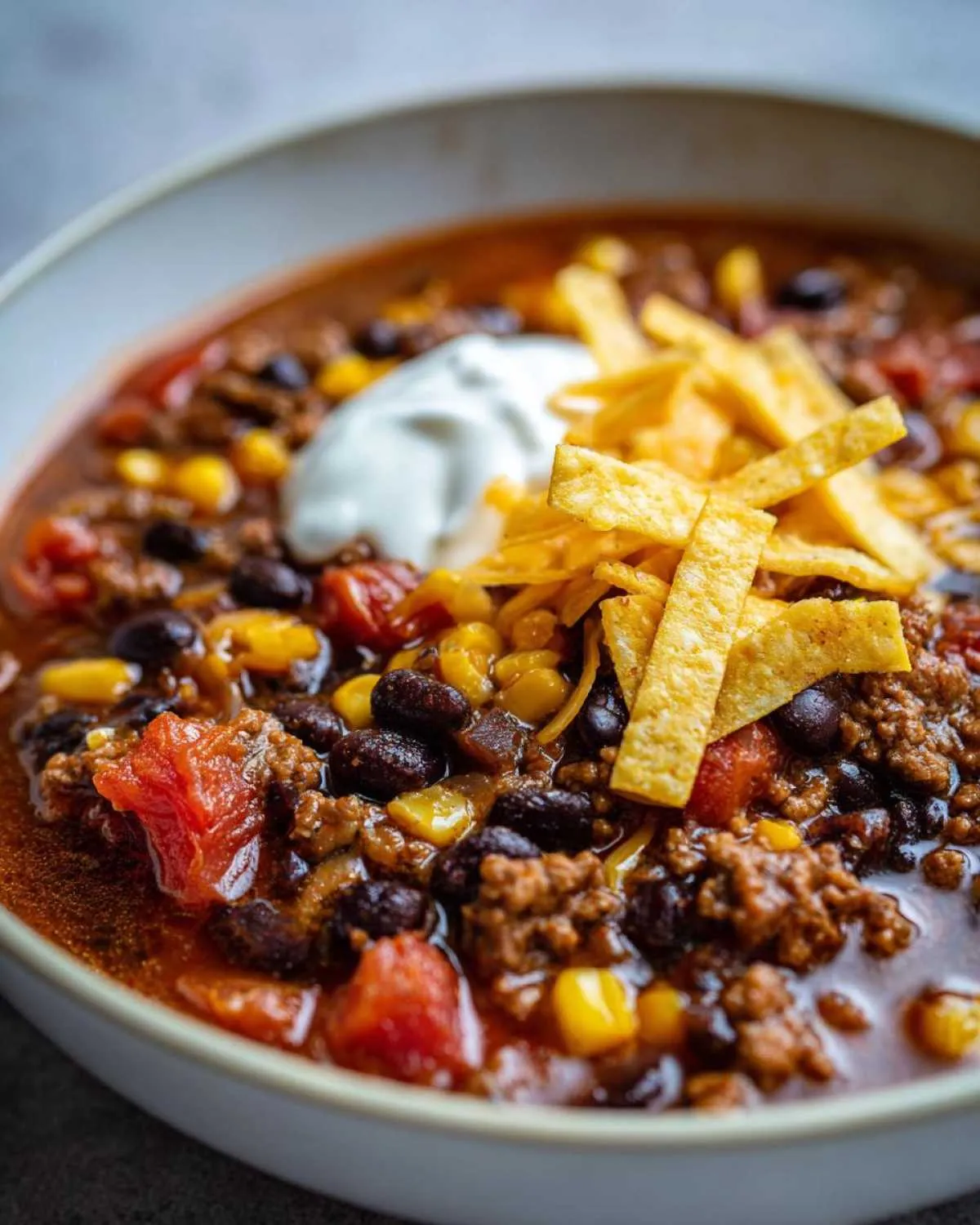 A close-up of a bowl of taco soup, topped with sour cream and tortilla strips. Ready to eat taco soup!