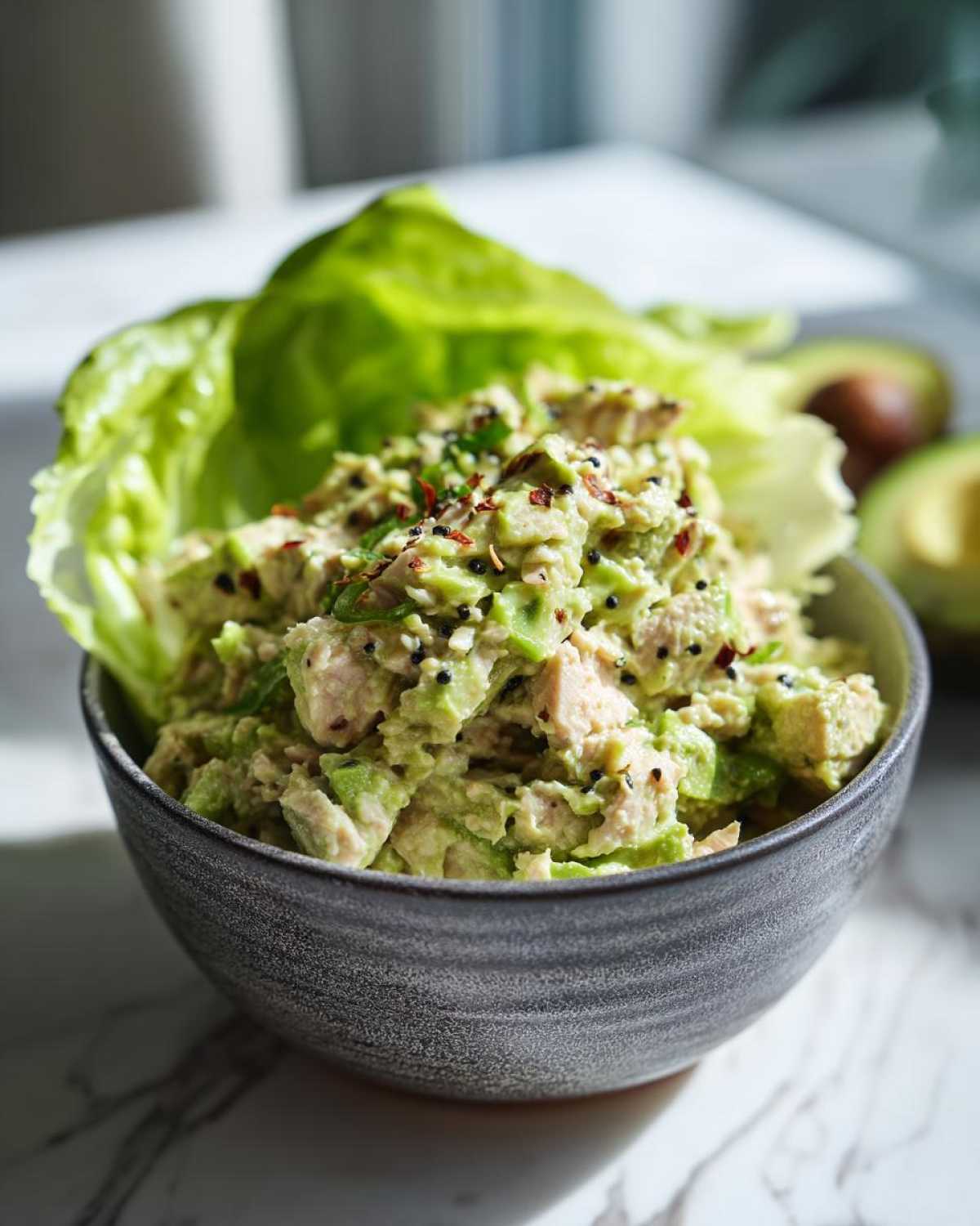 A close-up of a grey bowl filled with creamy tuna and avocado salad, garnished with red pepper flakes and black sesame seeds, with lettuce leaves and a blurred avocado in the background.