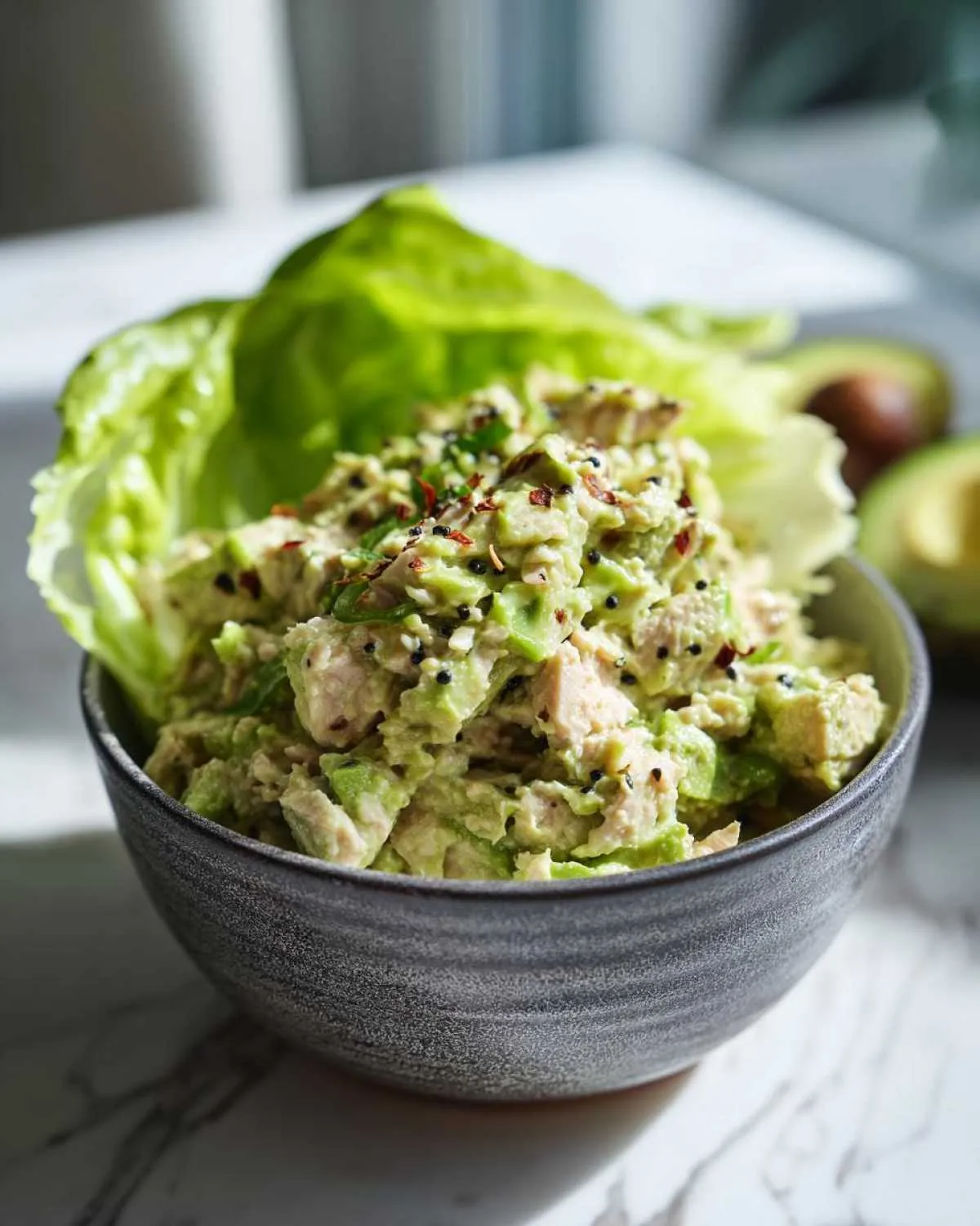 A close-up of a grey bowl filled with creamy tuna and avocado salad, garnished with red pepper flakes and black sesame seeds, with lettuce leaves and a blurred avocado in the background.
