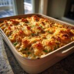 A freshly baked tuna casserole with cream of mushroom, featuring a golden-brown, crispy topping and visible peas.