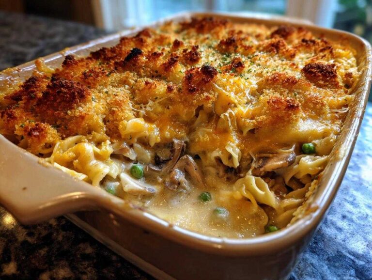 Close-up of a golden-brown tuna casserole with cream of mushroom, featuring a crispy topping and visible noodles, peas, and mushrooms.