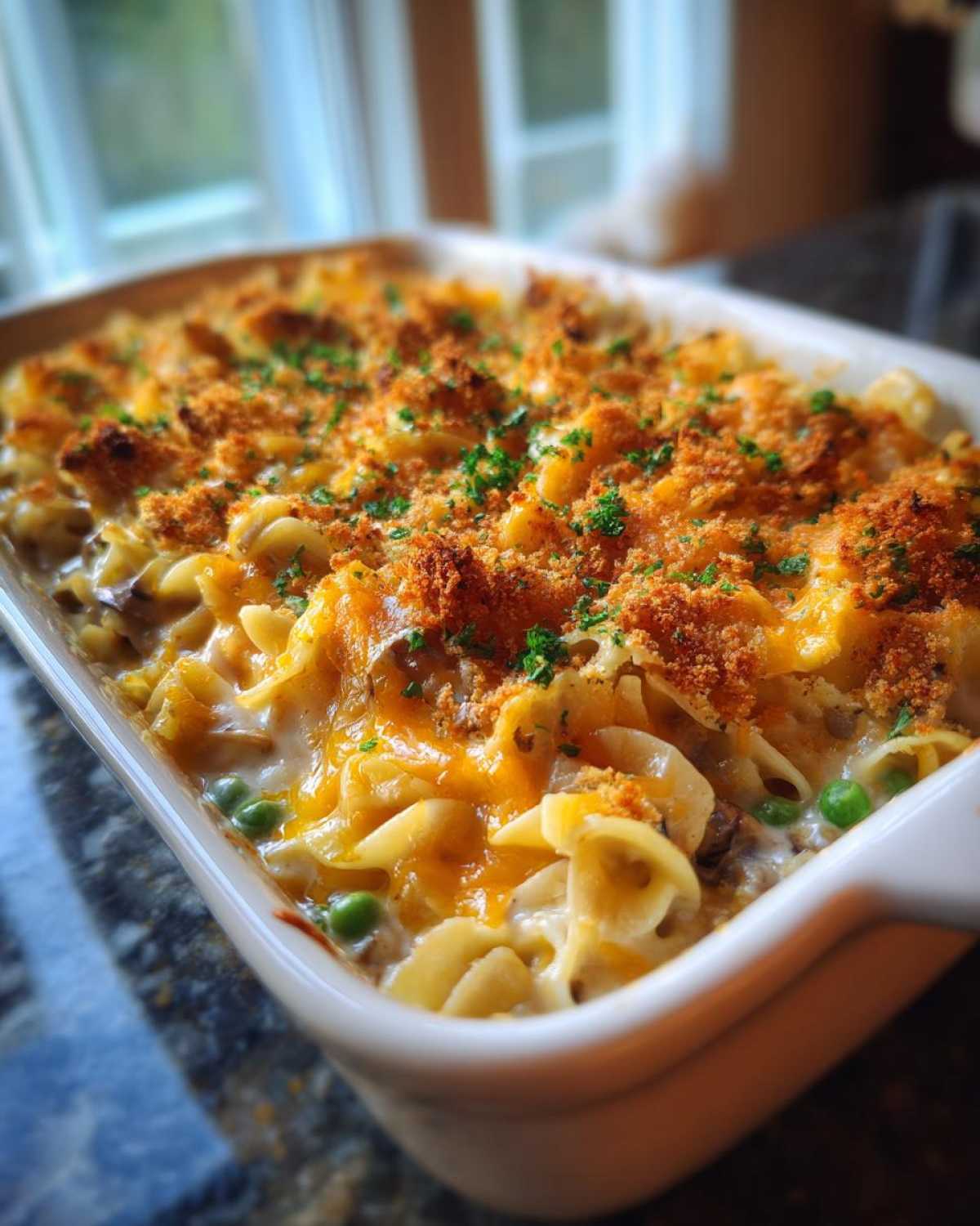 A full baking dish of golden-brown tuna casserole with cream of mushroom, topped with breadcrumbs and parsley.