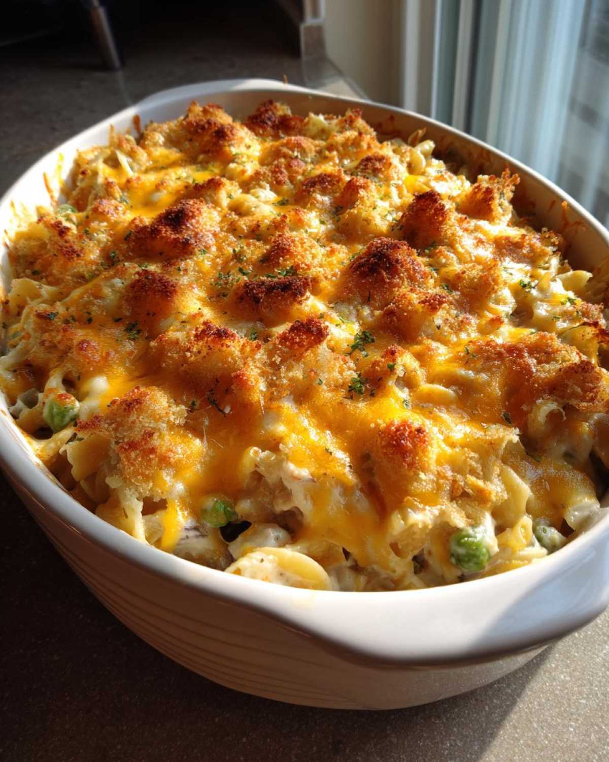 A large baking dish filled with a golden-brown tuna casserole with cream of mushroom, topped with melted cheese and crispy breadcrumbs.