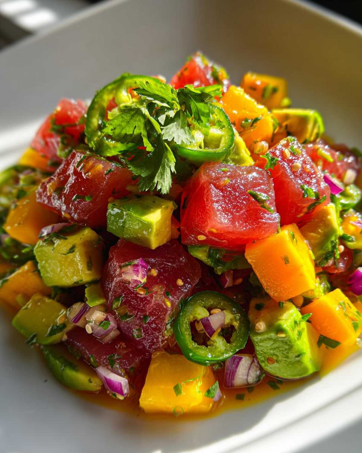Close-up of a colorful bowl of tuna ceviche with diced tuna, avocado, mango, red onion, jalapeño, and cilantro.