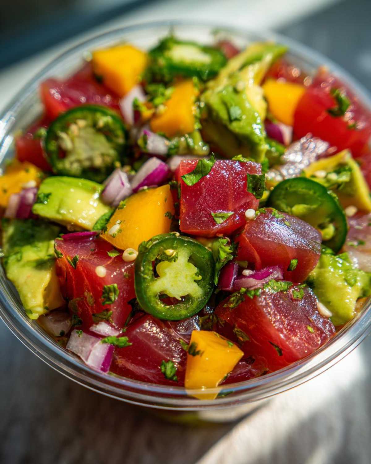 Close-up of colorful tuna ceviche in a clear bowl, featuring diced red tuna, yellow mango, green avocado, red onion, and jalapeño slices.