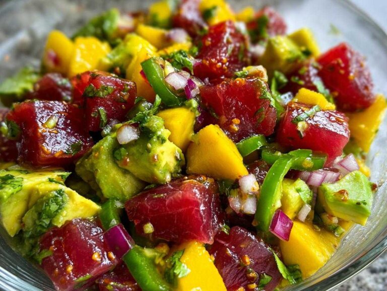 Close-up of colorful tuna ceviche in a glass bowl, featuring diced red tuna, yellow mango, green avocado, red onion, and herbs.