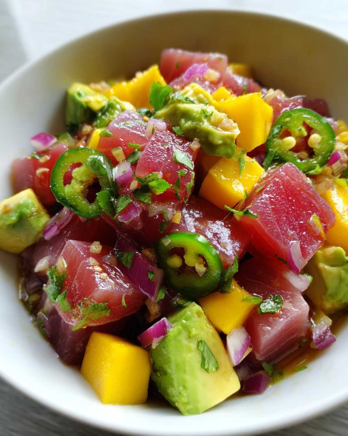 Close-up of fresh tuna ceviche in a white bowl, featuring diced red tuna, yellow mango, green avocado, red onion, and sliced green jalapeños.
