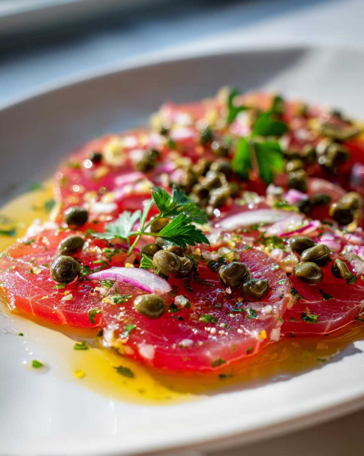 Close-up of fresh tuna crudo slices, garnished with capers, red onion, parsley, and drizzled with olive oil.